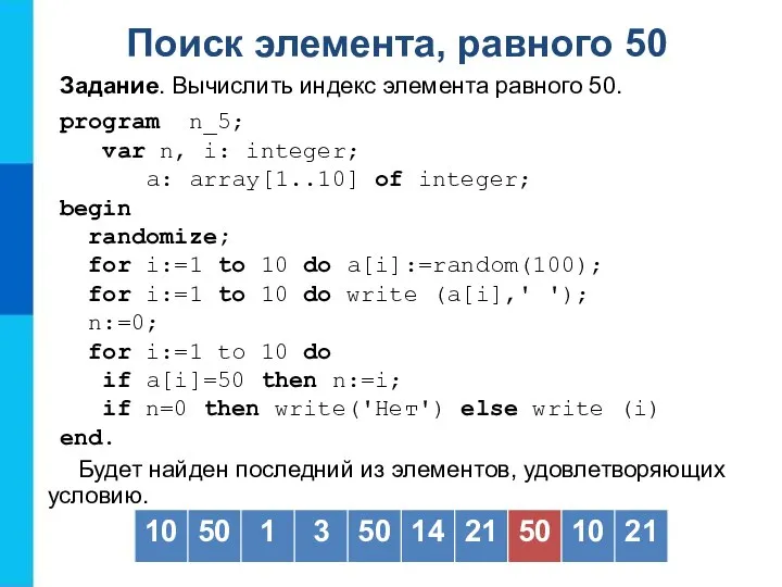 Поиск элемента, равного 50 Будет найден последний из элементов, удовлетворяющих условию. Задание.