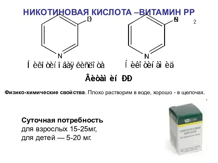 НИКОТИНОВАЯ КИСЛОТА –ВИТАМИН РР Суточная потребность для взрослых 15-25мг, для детей —