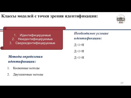 Классы моделей с точки зрения идентификации: Идентифицируемые Неидентифицируемые Сверхидентифицируемые Необходимое условие идентификации: