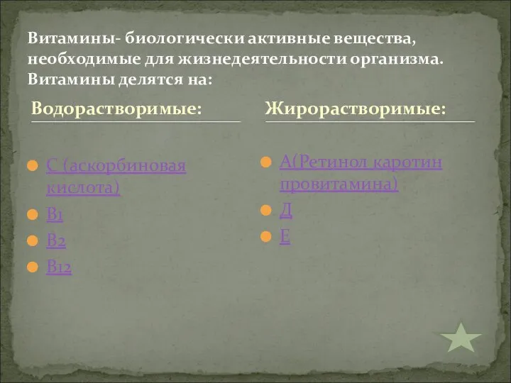 Водорастворимые: С (аскорбиновая кислота) В1 В2 В12 А(Ретинол каротин провитамина) Д Е