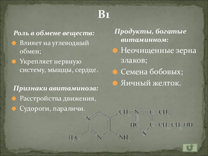 В1 Роль в обмене веществ: Влияет на углеводный обмен; Укрепляет нервную систему,