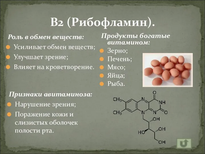 В2 (Рибофламин). Роль в обмен веществ: Усиливает обмен веществ; Улучшает зрение; Влияет