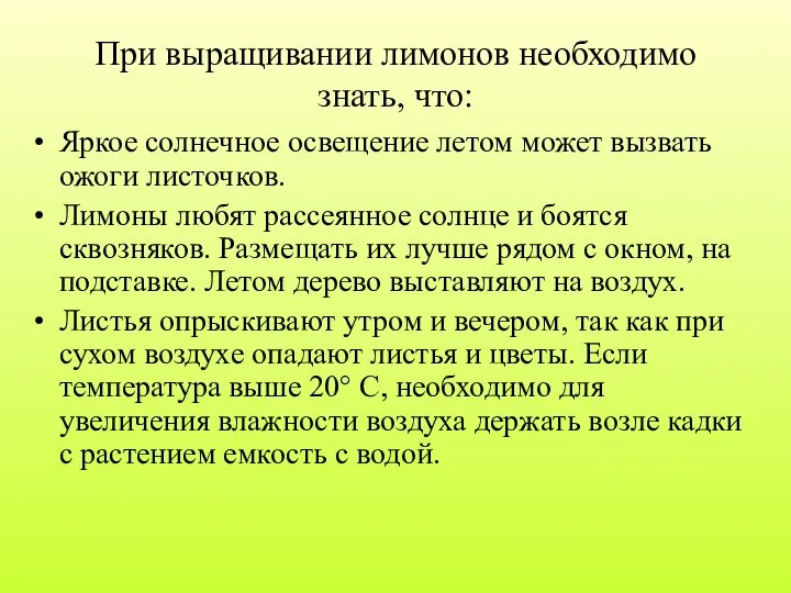 При выращивании лимонов необходимо знать, что: Яркое солнечное освещение летом может вызвать