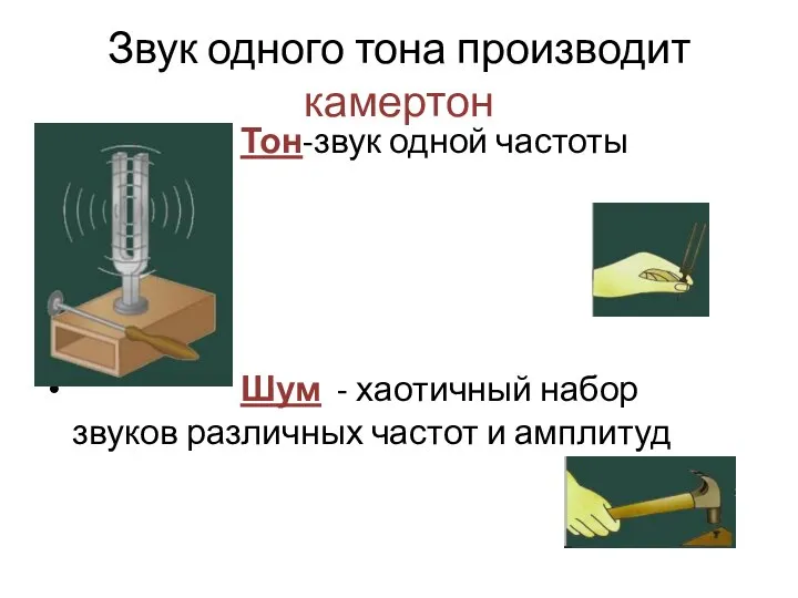 Звук одного тона производит камертон Тон-звук одной частоты Шум - хаотичный набор