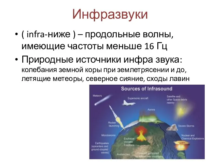 Инфразвуки ( infra-ниже ) – продольные волны, имеющие частоты меньше 16 Гц