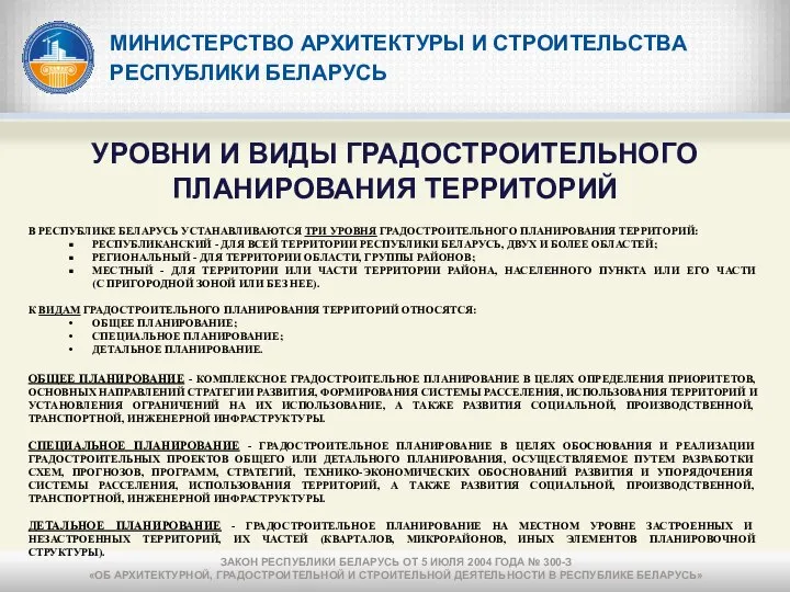 МИНИСТЕРСТВО АРХИТЕКТУРЫ И СТРОИТЕЛЬСТВА РЕСПУБЛИКИ БЕЛАРУСЬ УРОВНИ И ВИДЫ ГРАДОСТРОИТЕЛЬНОГО ПЛАНИРОВАНИЯ ТЕРРИТОРИЙ