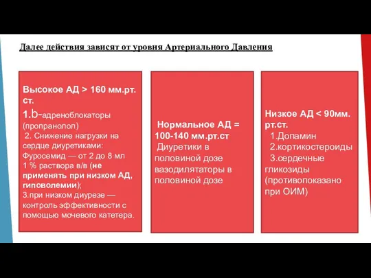 Высокое АД > 160 мм.рт.ст. 1.b-адреноблокаторы (пропранолол) 2. Снижение нагрузки на сердце