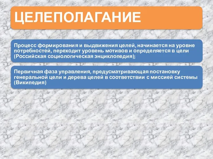 ЦЕЛЕПОЛАГАНИЕ Процесс формирования и выдвижения целей, начинается на уровне потребностей, переходит уровень