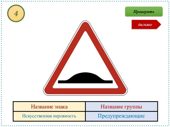 Искусственная неровность Предупреждающие 4 Проверить дальше