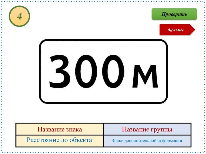 Расстояние до объекта Знаки дополнительной информации 4 Проверить дальше