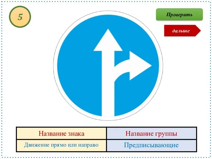 Движение прямо или направо Предписывающие 5 Проверить дальше