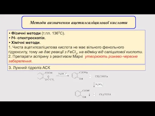 Методи визначення ацетилсаліцилової кислоти Фізичні методи (т.пл. 1360С). ІЧ- спектроскопія. Хімічні методи.