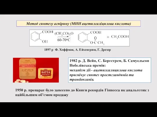 Метод синтезу аспірину (МНН ацетилсаліцилова кислота) 1897 р Ф. Хоффман, А. Ейхенгрюн,