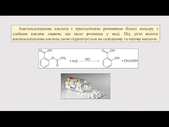 Ацетилсаліцилова кислота є кристалічною речовиною білого кольору з слабким кислим смаком, що