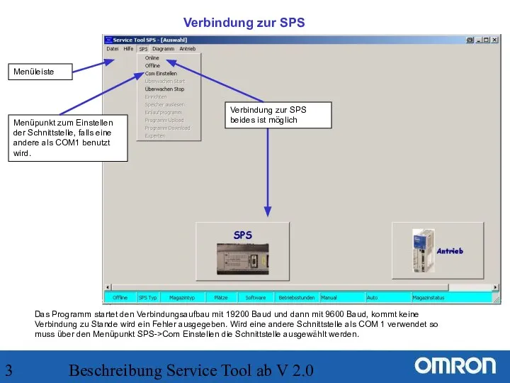 Beschreibung Service Tool ab V 2.0 Menüleiste Verbindung zur SPS Das Programm