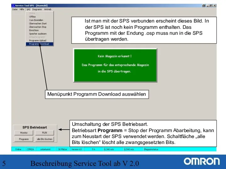 Beschreibung Service Tool ab V 2.0 Ist man mit der SPS verbunden