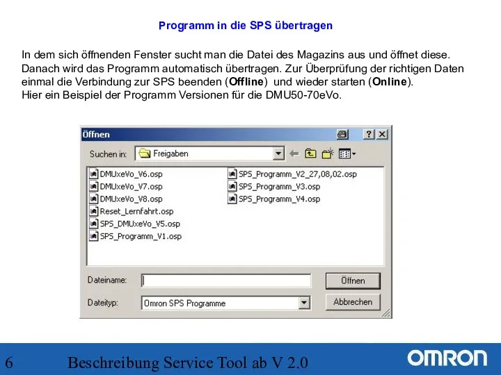 Beschreibung Service Tool ab V 2.0 Programm in die SPS übertragen In