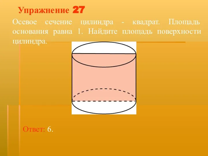 Упражнение 27 Осевое сечение цилиндра - квадрат. Площадь основания равна 1. Найдите