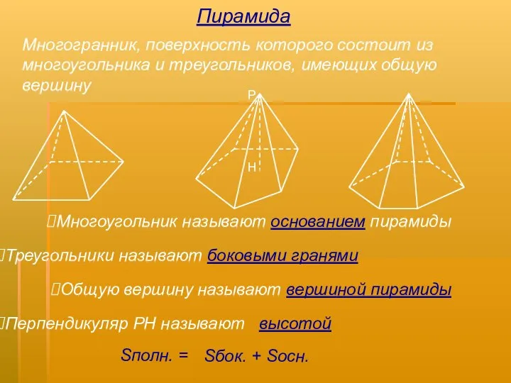 Многогранник, поверхность которого состоит из многоугольника и треугольников, имеющих общую вершину Многоугольник