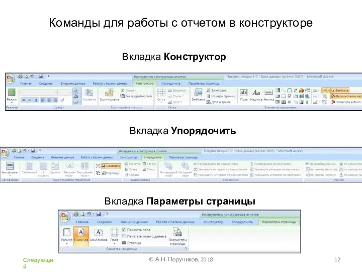 Команды для работы с отчетом в конструкторе Вкладка Конструктор Вкладка Упорядочить Вкладка