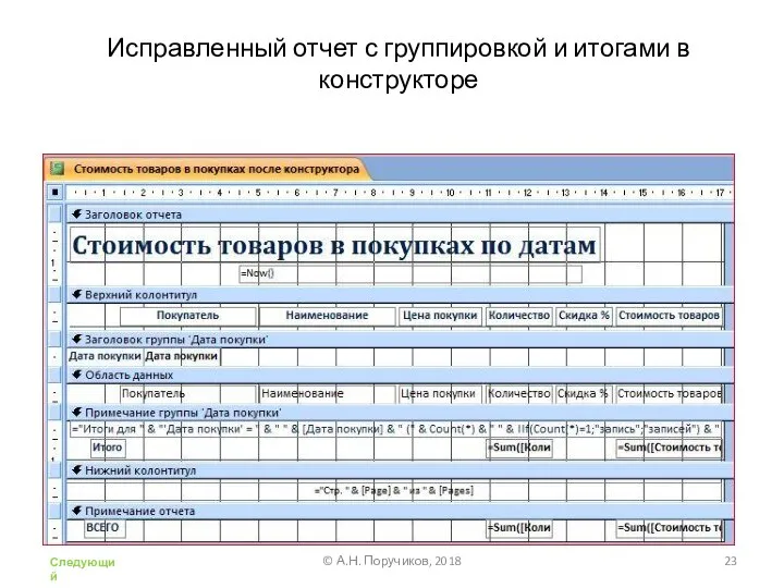 Исправленный отчет с группировкой и итогами в конструкторе © А.Н. Поручиков, 2018 Следующий