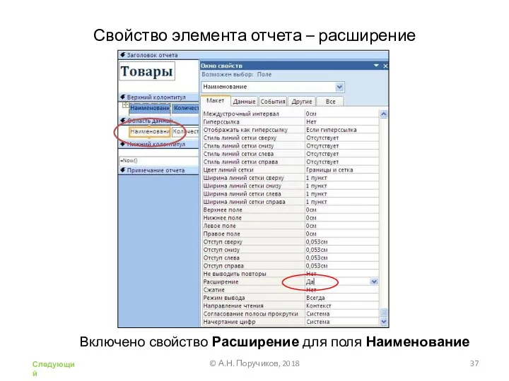 Свойство элемента отчета – расширение Включено свойство Расширение для поля Наименование © А.Н. Поручиков, 2018 Следующий