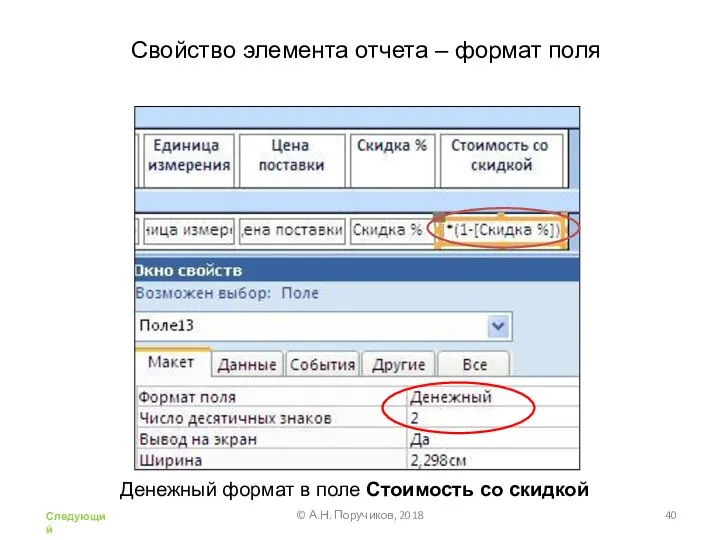 Свойство элемента отчета – формат поля Денежный формат в поле Стоимость со