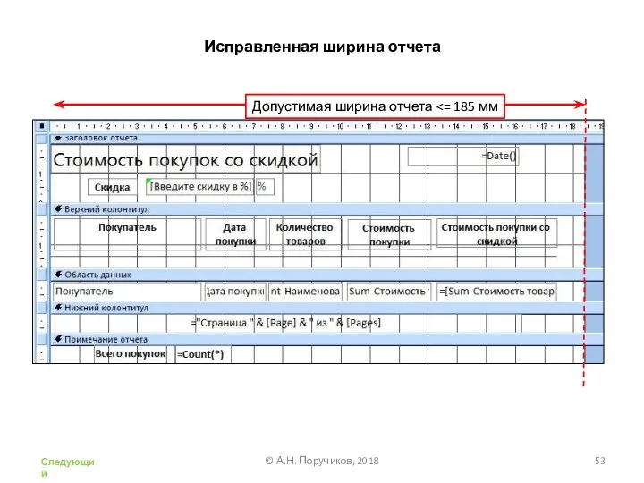 Исправленная ширина отчета Допустимая ширина отчета © А.Н. Поручиков, 2018 Следующий