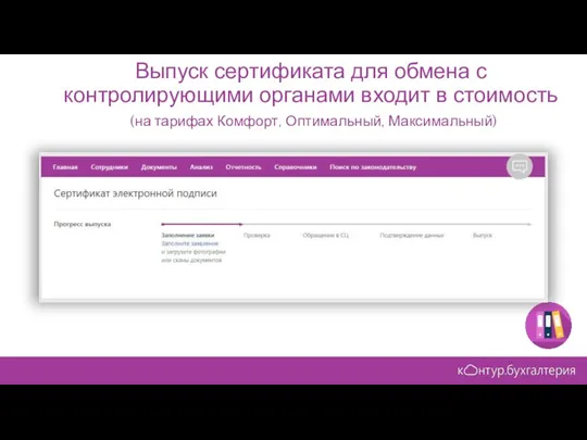 Выпуск сертификата для обмена с контролирующими органами входит в стоимость (на тарифах Комфорт, Оптимальный, Максимальный)