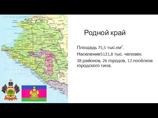 Родной край Площадь 75,5 тыс.км2. Население5121,8 тыс. человек. 38 районов, 26 городов, 12 посёлков городского типа.