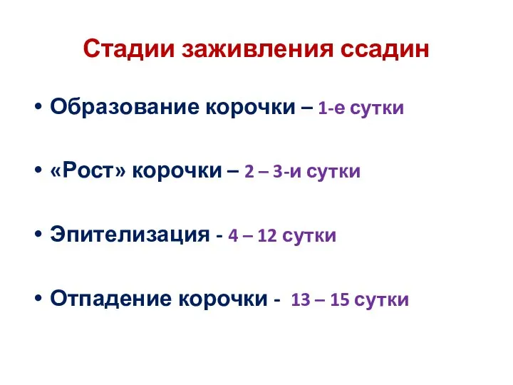 Стадии заживления ссадин Образование корочки – 1-е сутки «Рост» корочки – 2