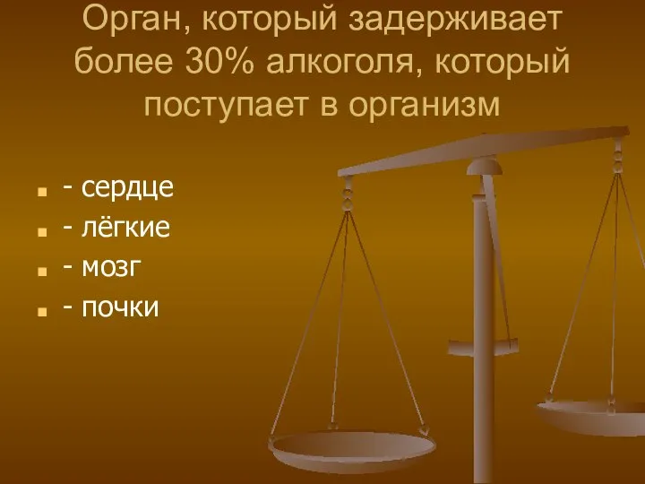 Орган, который задерживает более 30% алкоголя, который поступает в организм - сердце