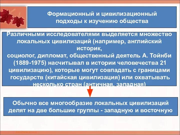 Формационный и цивилизационный подходы к изучению общества Различными исследователями выделяется множество локальных