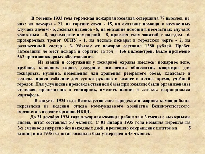 В течение 1933 года городская пожарная команда совершила 77 выездов, из них: