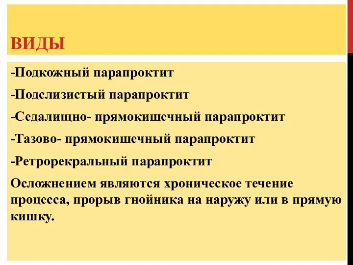 ВИДЫ -Подкожный парапроктит -Подслизистый парапроктит -Седалищно- прямокишечный парапроктит -Тазово- прямокишечный парапроктит -Ретрорекральный