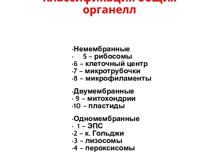 Классификация общих органелл Немембранные 5 – рибосомы 6 – клеточный центр 7