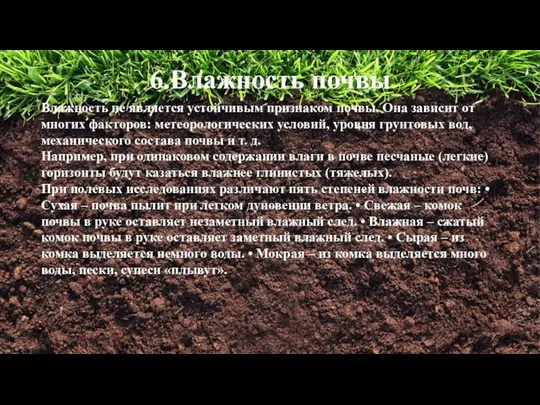 6.Влажность почвы Влажность не является устойчивым признаком почвы. Она зависит от многих