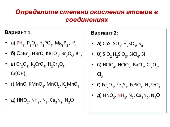 Определите степени окисления атомов в соединениях Вариант 1: а) PH3, P2O3, H3PO4,