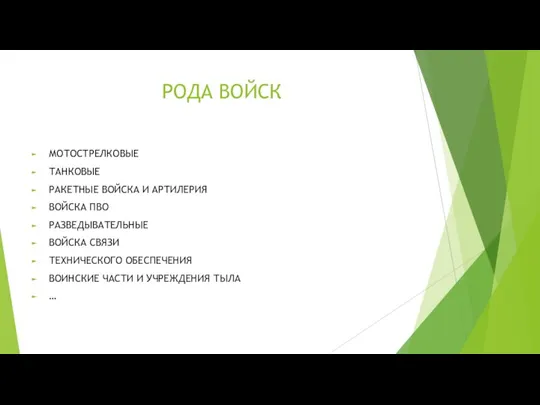 РОДА ВОЙСК МОТОСТРЕЛКОВЫЕ ТАНКОВЫЕ РАКЕТНЫЕ ВОЙСКА И АРТИЛЕРИЯ ВОЙСКА ПВО РАЗВЕДЫВАТЕЛЬНЫЕ ВОЙСКА