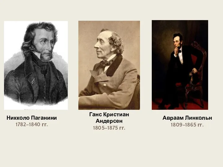 Никколо Паганини 1782–1840 гг. Ганс Кристиан Андерсен 1805–1875 гг. Авраам Линкольн 1809–1865 гг.