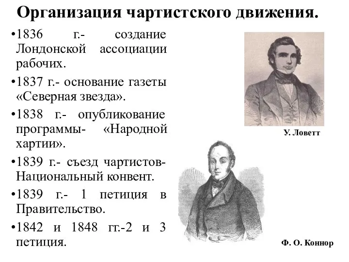 Организация чартистского движения. 1836 г.- создание Лондонской ассоциации рабочих. 1837 г.- основание