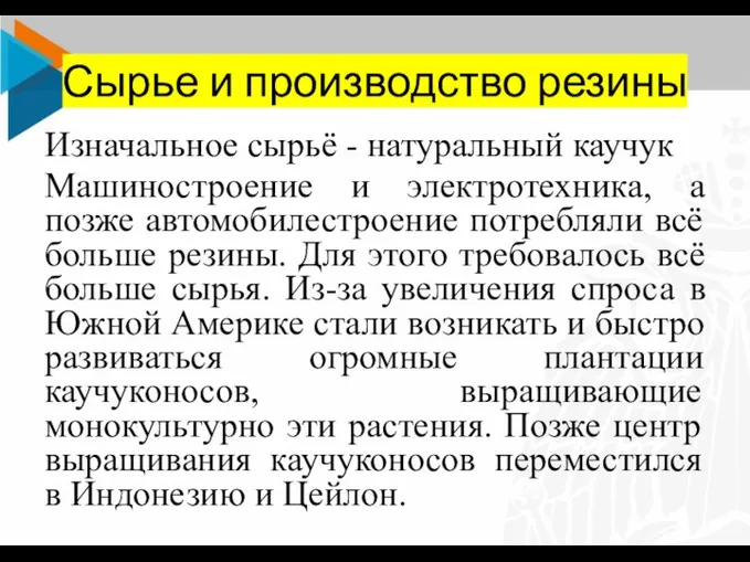 Сырье и производство резины Изначальное сырьё - натуральный каучук Машиностроение и электротехника,