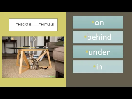 THE CAT IS ____ THE TABLE. on behind under in