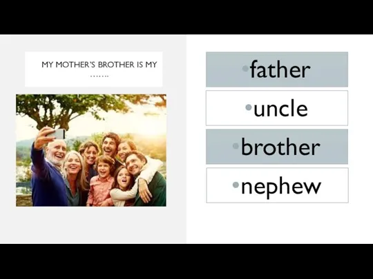 MY MOTHER’S BROTHER IS MY ……. father brother uncle nephew