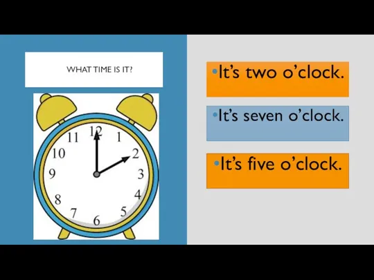 WHAT TIME IS IT? It’s seven o’clock. It’s five o’clock. It’s two o’clock.