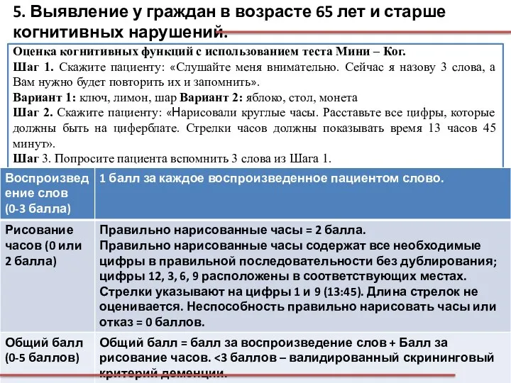 5. Выявление у граждан в возрасте 65 лет и старше когнитивных нарушений.