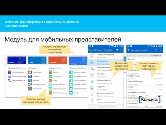 Интернет-трансформация в строительном бизнесе и девелопменте Модуль для мобильных представителей Разделы модуля