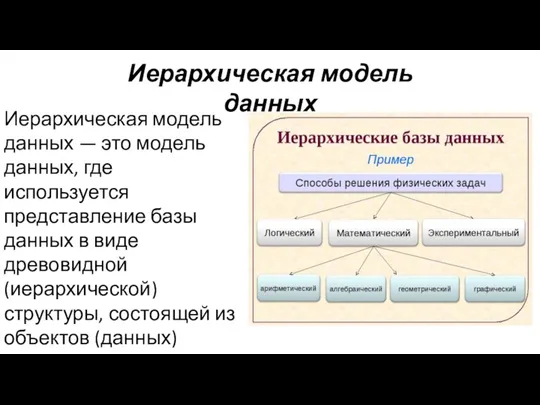 Иерархическая модель данных — это модель данных, где используется представление базы данных