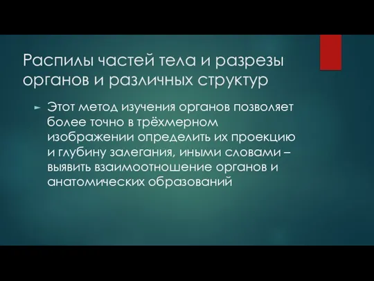 Распилы частей тела и разрезы органов и различных структур Этот метод изучения