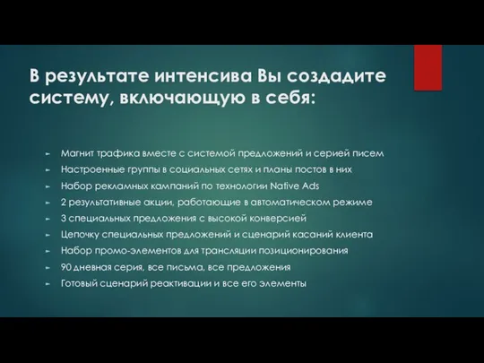 В результате интенсива Вы создадите систему, включающую в себя: Магнит трафика вместе